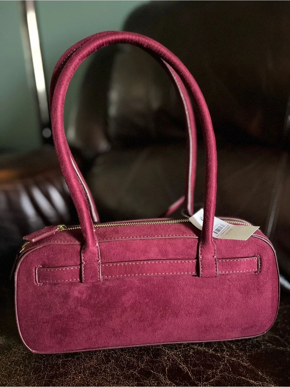LOFT Wine Suede Satchel with Gold Hardware